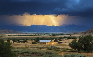 Sticker - Lightning Strikes Behind Mountain Range with Cabin Below