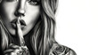 © Frank - Monochrome illustration featuring a tattooed woman with finger on lips asking for silence