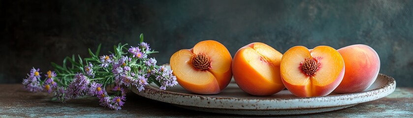 A closeup of freshly sliced peaches on a plate, adorned with delicate wildflowers, against a dark, moody backdrop