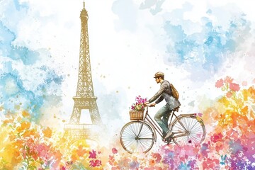 French fashion man rides a bicycle in Paris at summer time, the Eiffel Tower and flowers on background , watercolor illustration with copy space 