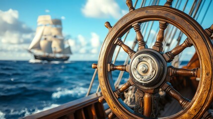 A ships steering wheel in focus with a sailing ship in the distance, set against a vibrant blue ocean and sky