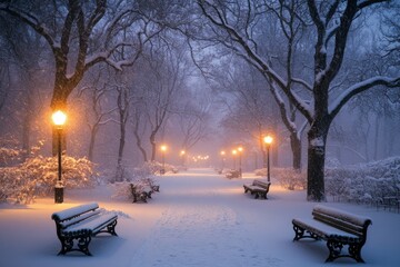 Wall Mural - Snow-Covered Park Path with Benches and Streetlights at Dusk