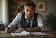 © Alex - Bearded caucasian man focuses on writing in notebook, surrounded by bookshelves and indoor plants in warm, inviting room
