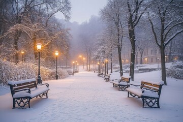 Wall Mural - Snow-Covered Benches and Streetlamps in a Wintery Park