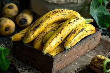 Poster - A rustic wooden box containing a cluster of fresh bananas.