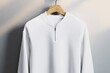 © Asih - White Mockup Half-Zip Sweatshirt on Wooden Hanger.