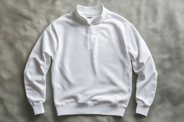 White Mockup Half Zip Long Sleeve Sweatshirt on Gray Fabric Background.