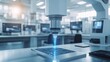 © Hybrid Theory - An image of a high-tech laboratory where a laser is used for materials research, analyzing the properties of a new alloy. The laser beam is bright blue, focused on a small sample, with sophisticated
