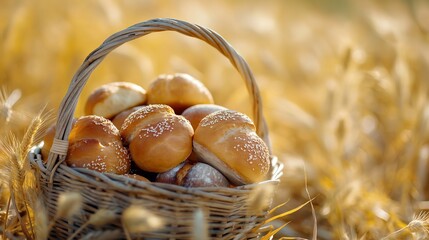 Fresh Basket with bread and rolls. Blurred wheat field summer background