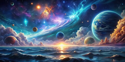 Wall Mural - vibrant science fiction wallpaper featuring the beauty of deep space with colorful graphics of water
