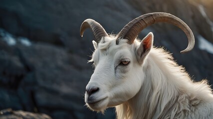 Two majestic white goats stand atop a rocky cliff, their long, curly horns glinting in the sunlight.