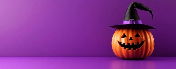 Halloween banner design featuring a pumpkin with a witch hat on a purple background, perfect for halloween concepts with copy space for text.
