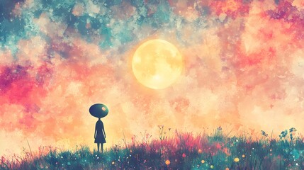 Whimsical scene of a friendly alien discovering Earth, in pastel watercolors, designed for a child's room, merging fantasy with vibrant colors