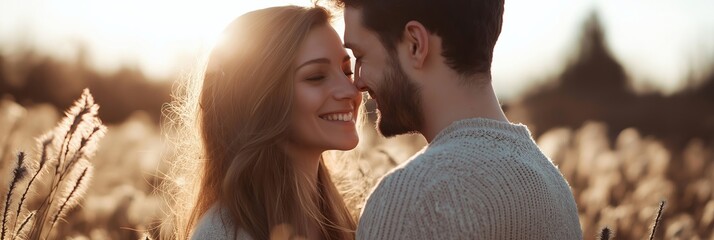 A couple lovingly embraces at sunset in a golden wheat field, symbolizing romance, warmth, and happiness.