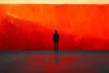 A striking image of a solitary figure standing before a vibrant red and orange abstract textured wall, perfect for themes of contemplation and modern art.