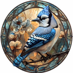 Art nouveau artistic image of blue jay bird in a round shape