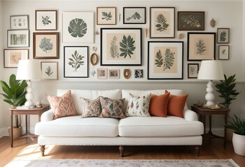 A cozy living room with a white sofa, patterned throw pillows, and a gallery wall featuring various framed artwork and botanical prints.