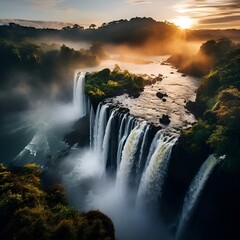 Wall Mural - a waterfall with trees and a sunset. 