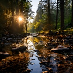 Sticker - a river with rocks and trees in the background. 