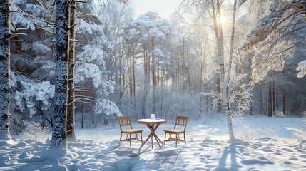  Table and two chairs against the background of a winter forest, banner 