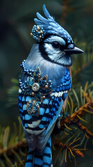 Luxurious blue jay bird with an open tail, full face, jewelry