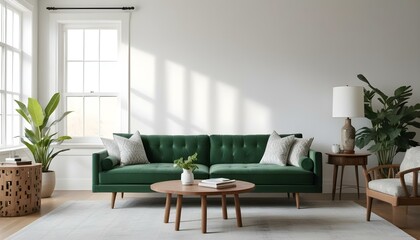 Green velvet sofa with white and gray patterned pillows, wooden coffee table, and natural light from windows.