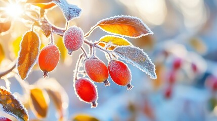 Poster - A close up of a branch with red berries and frost on it, AI