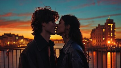 on a roof terrace or balcony, a man and woman embrace and kiss. summertime with a quaint village and
