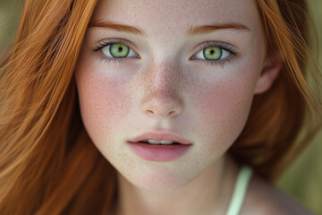 striking closeup portrait photo of young teen redhead girl with green eyes