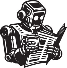 Robot reading newspaper and drinking coffee Vector Illustration Silhouette