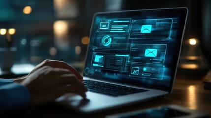 man using laptop with email interface