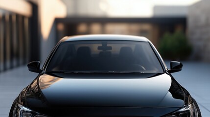 Front windshield of a black car clean and clear close up outdoors, offering a broad canvas for mockup