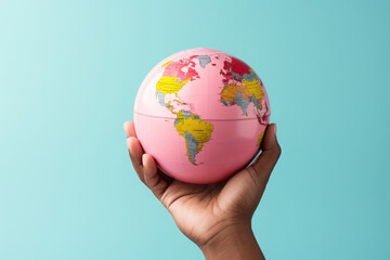 Hand gently holding a globe against a vibrant blue background, symbolizing the spirit of global travel and exploration on world tourism day. Copy space