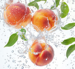 Wall Mural - Peaches and water splashing together, with peaches scattered around them