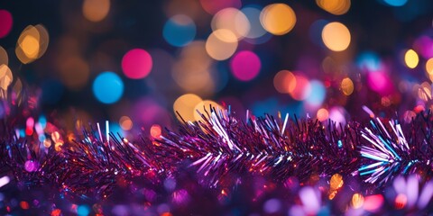 Wall Mural - Festive tinsel and Christmas ornaments on a dark, colorful background with bokeh lights. Ideal for holiday decor and backgrounds.