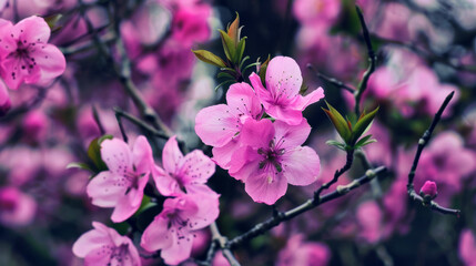 Wall Mural - Close-up of vibrant pink cherry blossoms on a branch, showcasing delicate springtime beauty. Perfect for floral and nature photography.