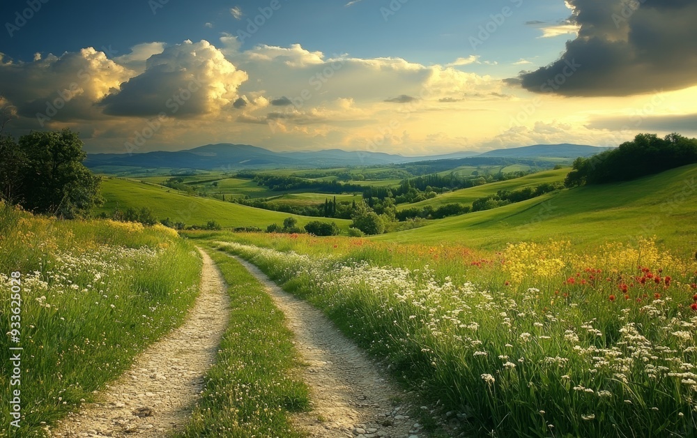 A scenic dirt road winding through a lush green landscape with ...