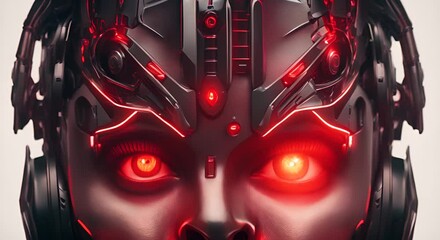 Wall Mural - Cyborg Face with Glowing Red Eyes animation 4k animation