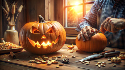 Hands carving spooky face into large orange pumpkin with scattered tools and seeds in warm sunlight