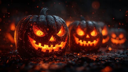 Canvas Print - Ghostly pumpkins glow at night during Halloween. Halloween picture on a black background. Fear and the holidays.