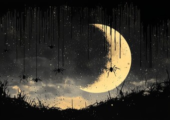 Wall Mural - Symbol of Halloween day flat icon with black spider skull hanging and cobweb on crescent moon and stars.