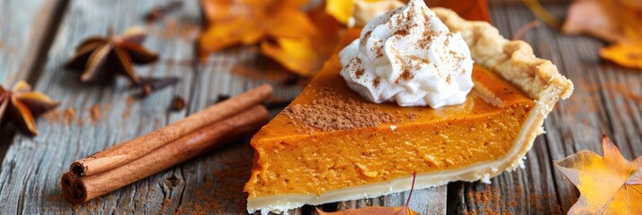 Canvas Print - Close - up of a freshly baked pumpkin pie with a dollop of whipped cream, with cinnamon sticks and autumn leaves scattered around