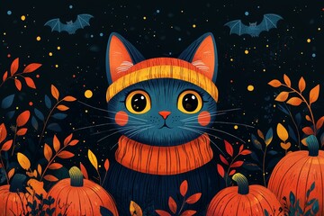 Wall Mural - Illustration of cute pumpkin head, black cat, funny skeleton, ghosts, eyes for postcard creation, background, card and poster.