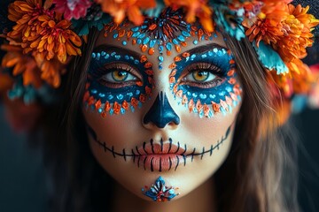 An attractive young woman with gothic vampire makeup on a black background during a Halloween party.