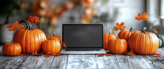 Blank screen mockup template for laptop, happy Halloween pumpkins decorations background, Thanksgiving digital online shopping website promo fall sale promotion offer ads.