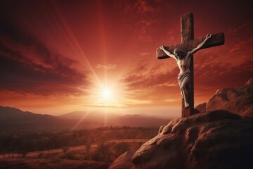 A Crucifixion Scene at Sunset Over a Mountain Range