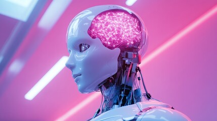 a robotic head featuring a luminous neural network is on display at a tech event, surrounded by vibr