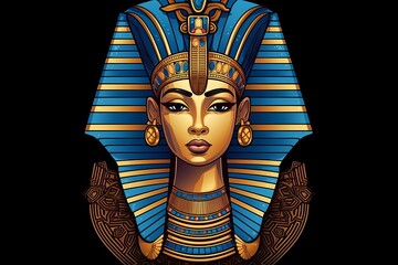 Colorful depiction of an ancient Egyptian queen in ornate headdress on a dark background