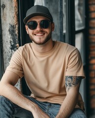 Wall Mural - A young attractive man sitting with wearing a blank mockup t-shirt, sunglasses, and a black cap,