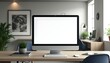 © Ali Hamza Tullah - Modern office desk with blank screen computer monitor, Computer screen mockup, Computer blank screen, Computer  front view screen mockup